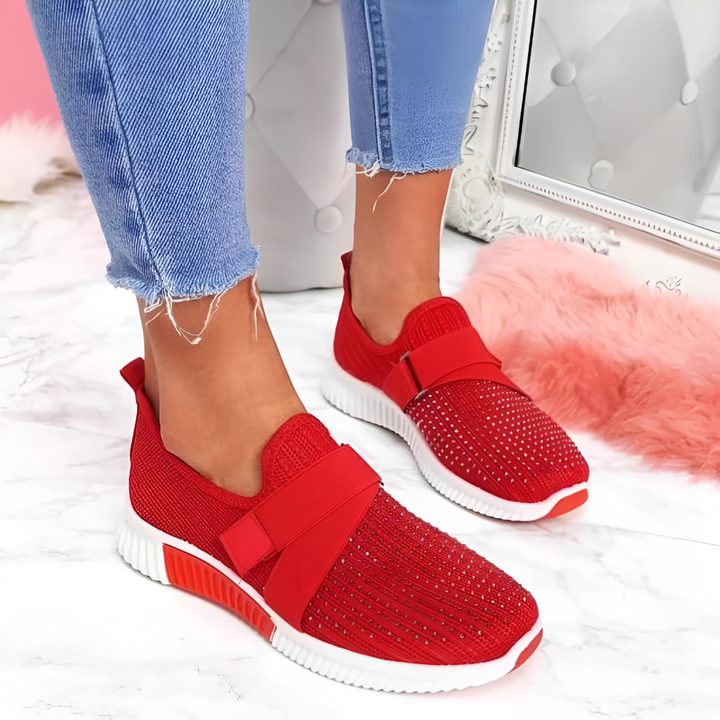 Back view of women's lightweight slip-on trainers with a flexible sole. Ideal comfort shoes for walking and daily errands.