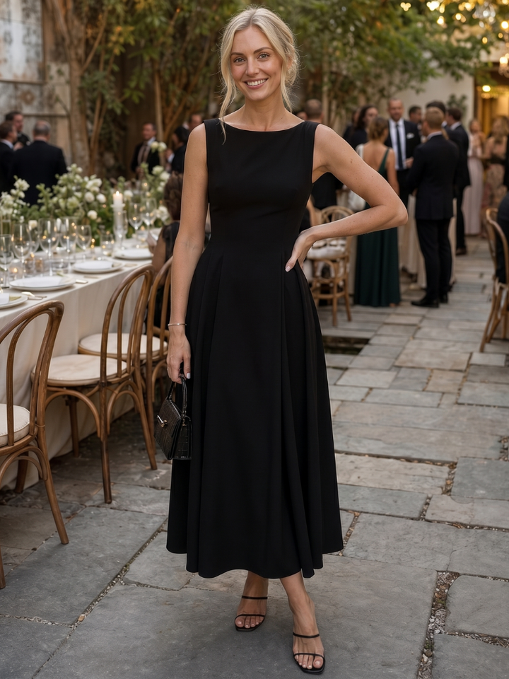 Sophisticated women's fitted midi dress, sleeveless with a crew neck. Elegant classic style for any occasion.