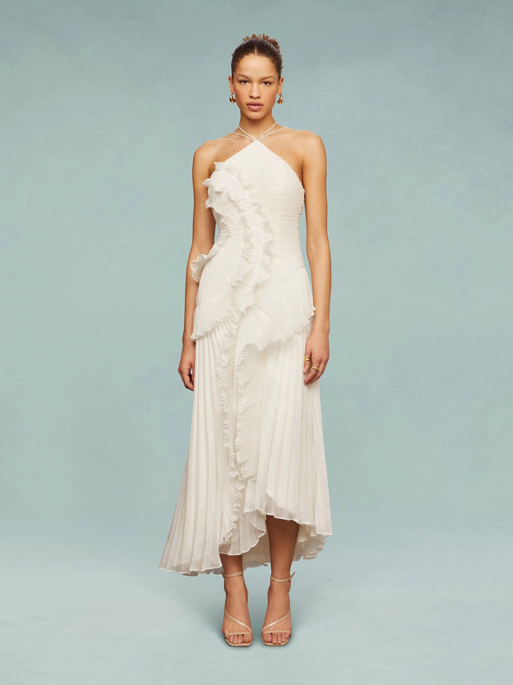 Stunning sleeveless maxi wedding guest dress, featuring elegant pleated details.