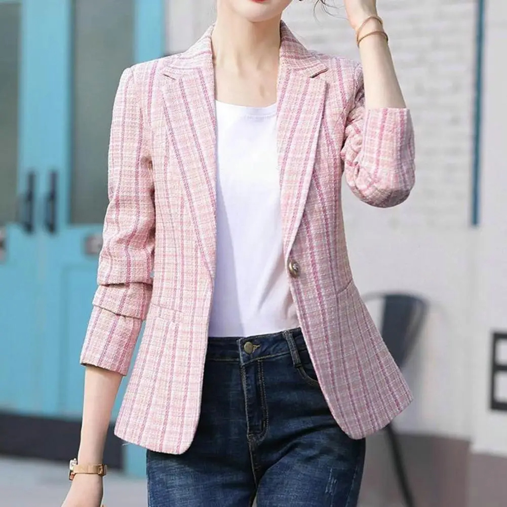 Elegant beige women's single-button tailored blazer, a versatile professional jacket for work & business.
