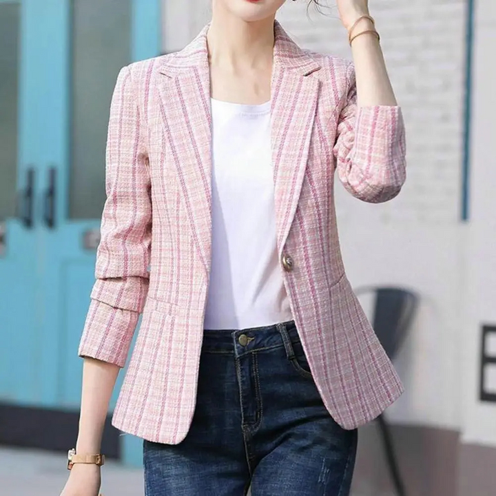 Elegant beige women's single-button tailored blazer, a versatile professional jacket for work & business.