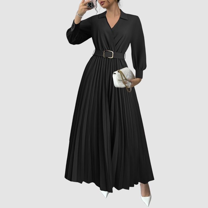 Elegant women's pleated V-neck midi dress with long sleeves. Perfect for formal or versatile casual wear.