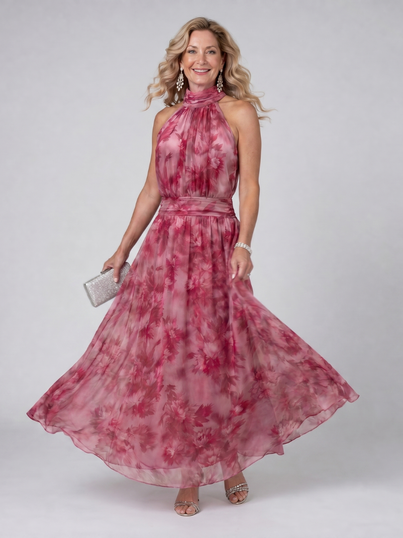 Flowing silhouette of a chic women's midi halter dress, ideal for summer style & versatile occasion wear.