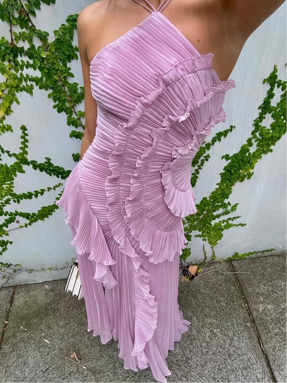 Women's fashion sleeveless maxi dress with elegant pleats & asymmetric hem.
