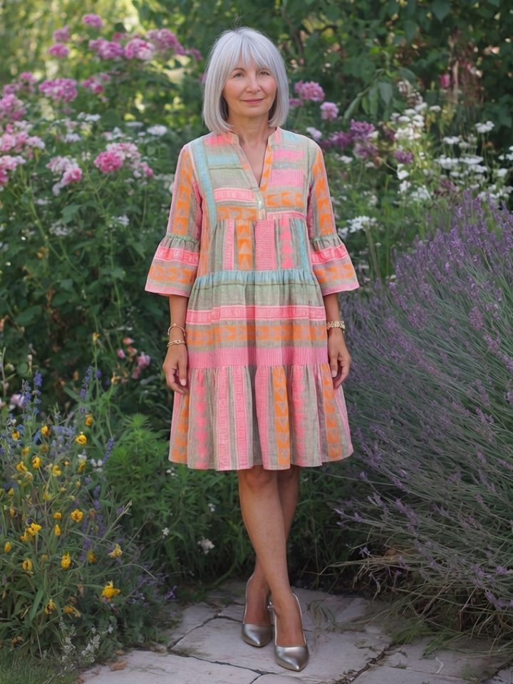 Modern women's pink geometric print V-neck dress. Tiered knee-length design with comfortable 3/4 sleeves.