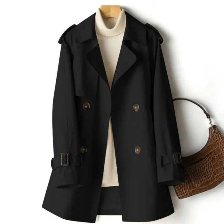 Classic beige women's trench coat. Comfortable & elegant mid-length jacket for fall & spring fashion.