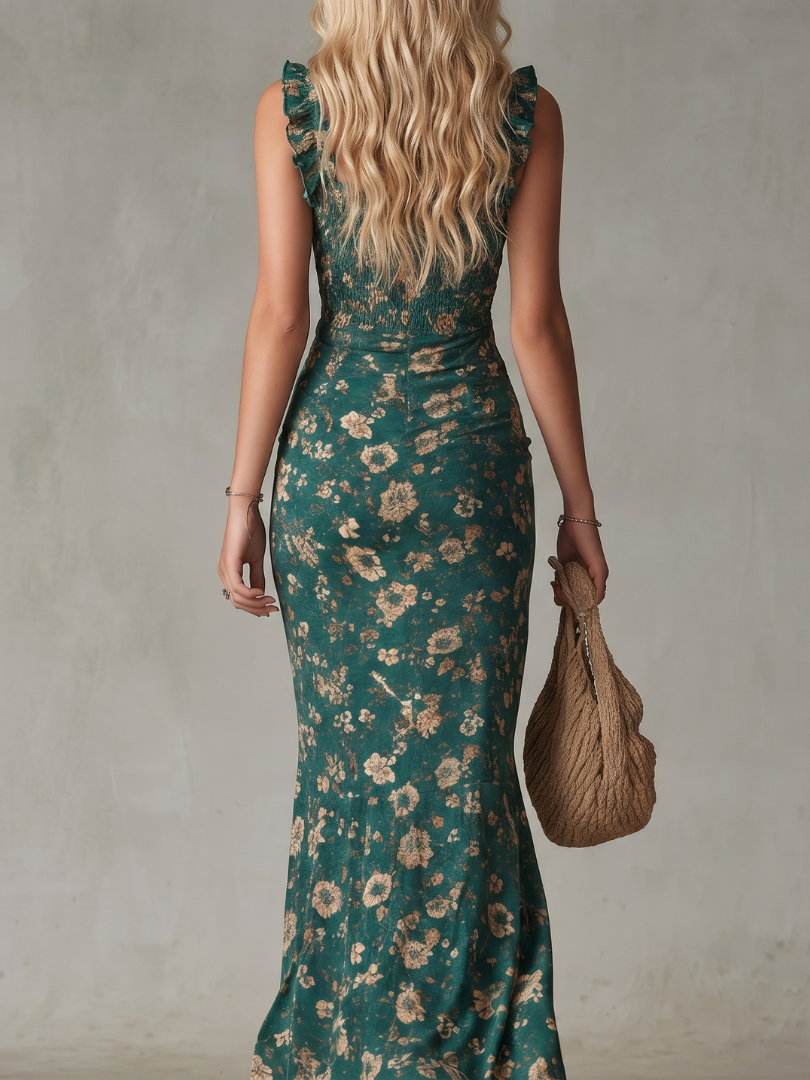 Dark green elegant women's midi dress featuring a smocked bodice, chic ruffle straps & a flattering high slit.