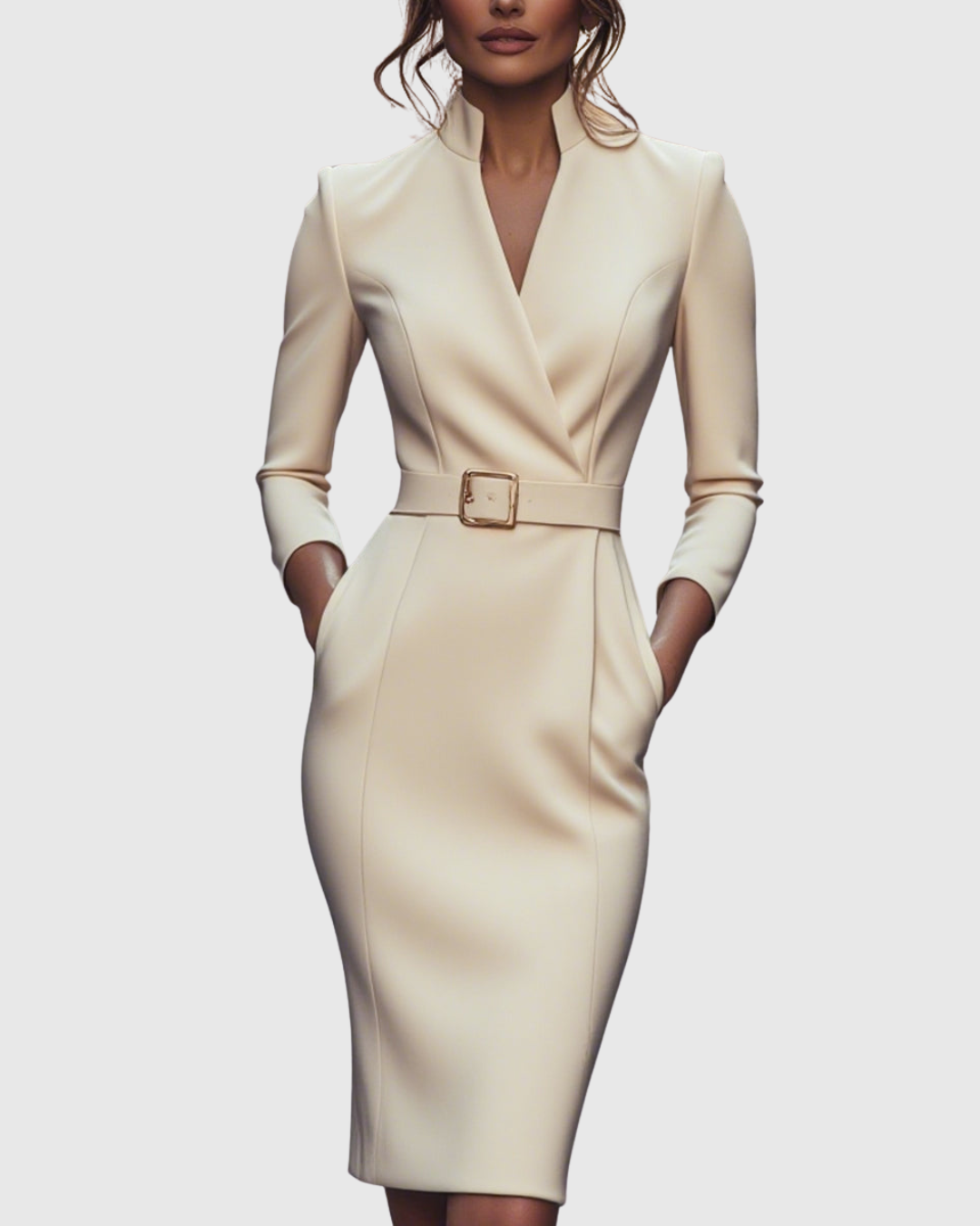 Cocktail-ready women's midi dress: mock wrap design, three-quarter sleeves, and elegant belt.