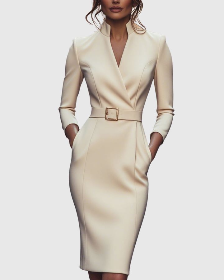 Cocktail-ready women's midi dress: mock wrap design, three-quarter sleeves, and elegant belt.