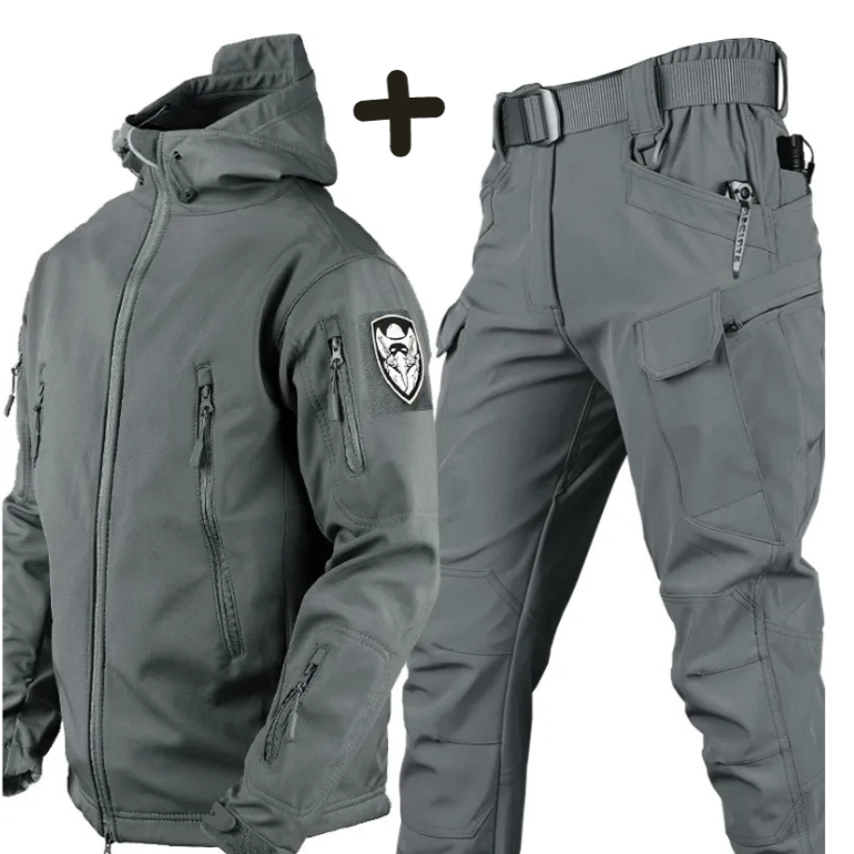 Full view of men's tactical hooded jacket and cargo pants set, designed for outdoor adventures.