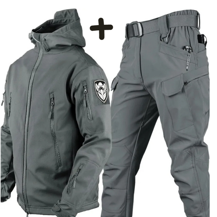 Full view of men's tactical hooded jacket and cargo pants set, designed for outdoor adventures.