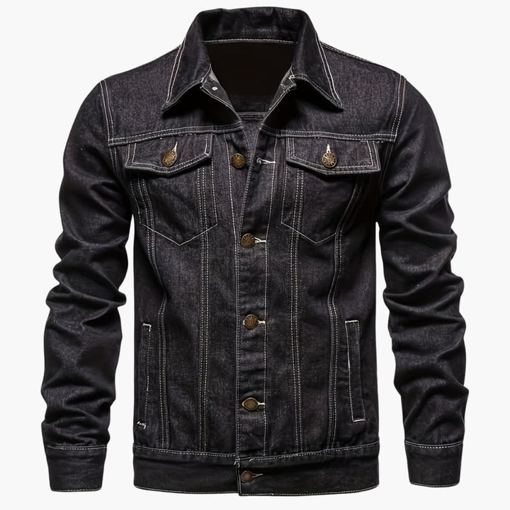Durable blue denim jacket, men's slim-fit design. Essential casual outerwear for modern everyday fashion.