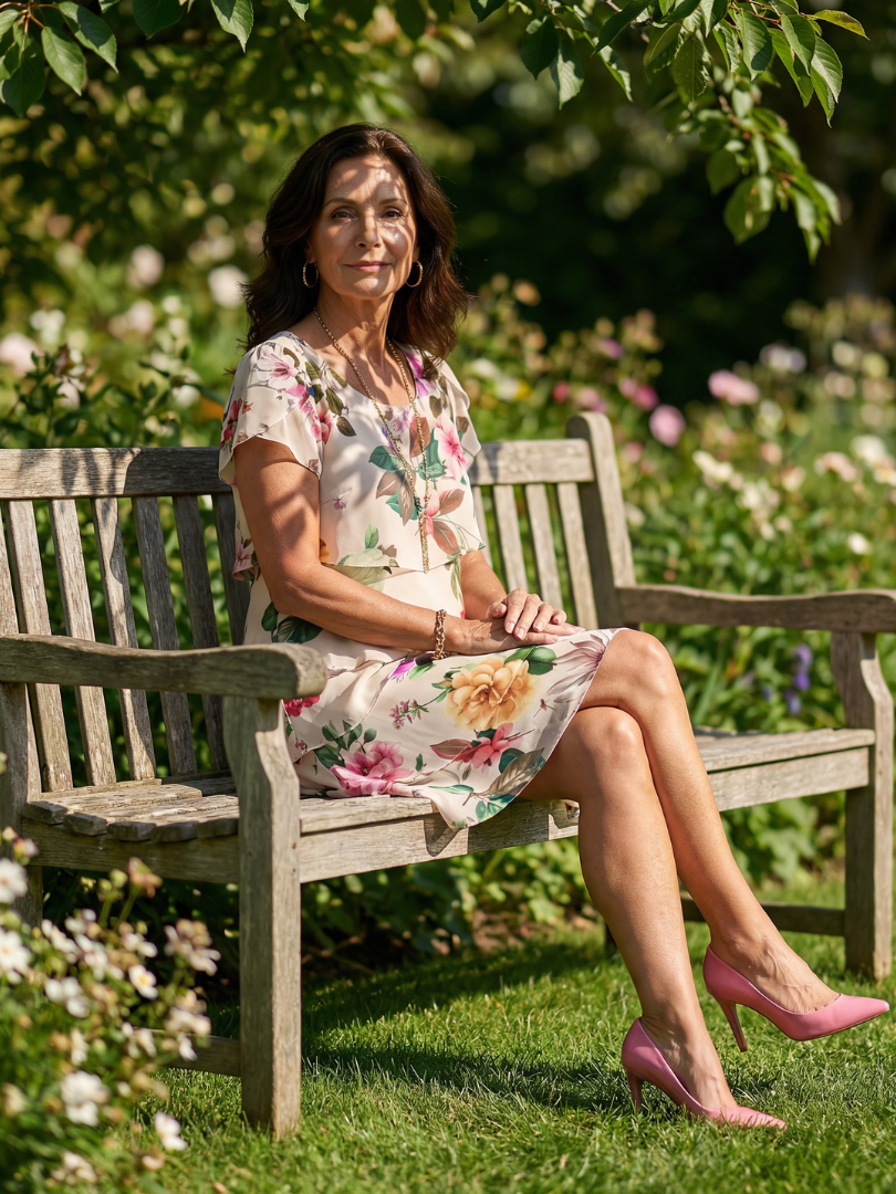 Stylish women's knee-length floral dress, short sleeve, round neck, tiered, for comfortable and elegant everyday summer wear.