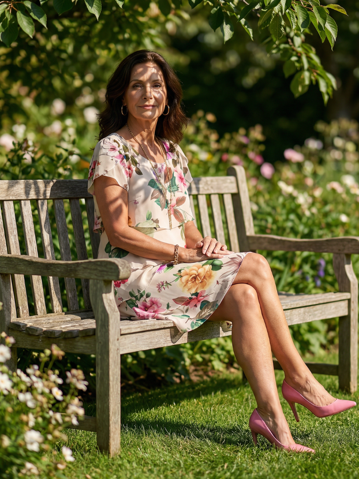 Stylish women's knee-length floral dress, short sleeve, round neck, tiered, for comfortable and elegant everyday summer wear.
