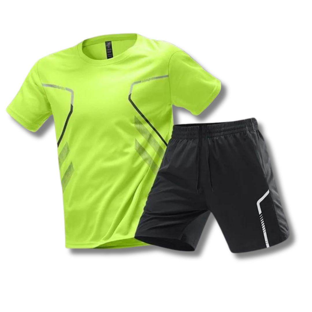 Comfortable men's athletic wear set in polyester blend, perfect for active workouts. Includes performance top & shorts.