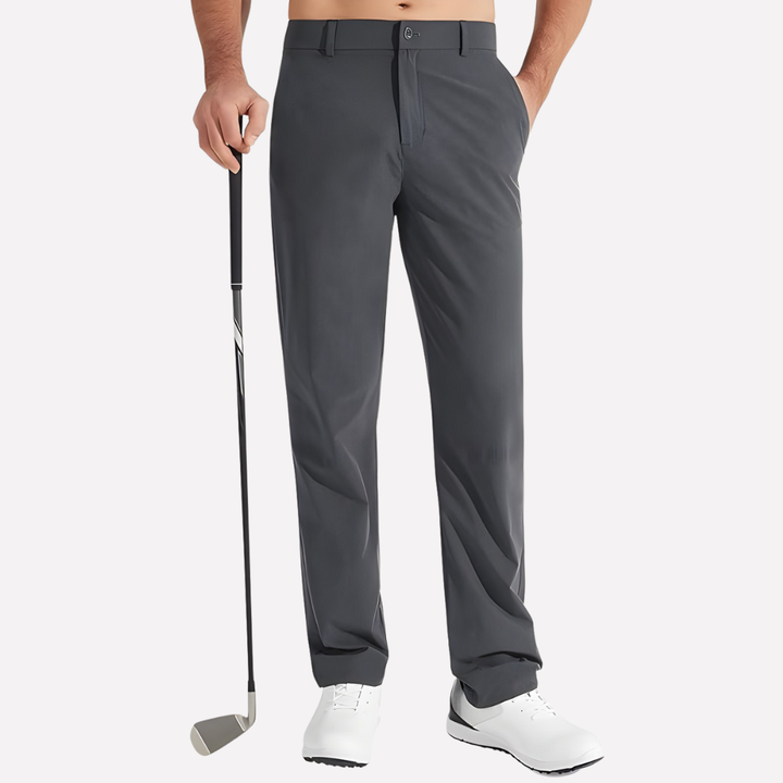 Close-up of fabric on men's sleek fit performance golf trousers, showing stretch & quick-dry texture.