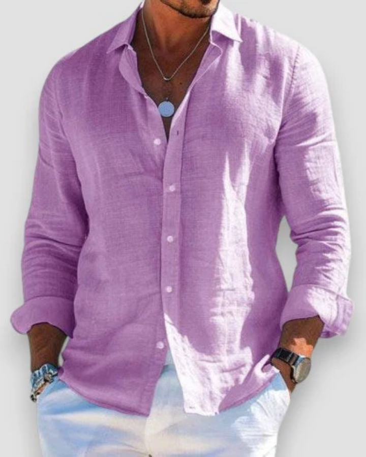 Close-up of men's summer shirt, highlighting the comfortable fabric texture and quality.