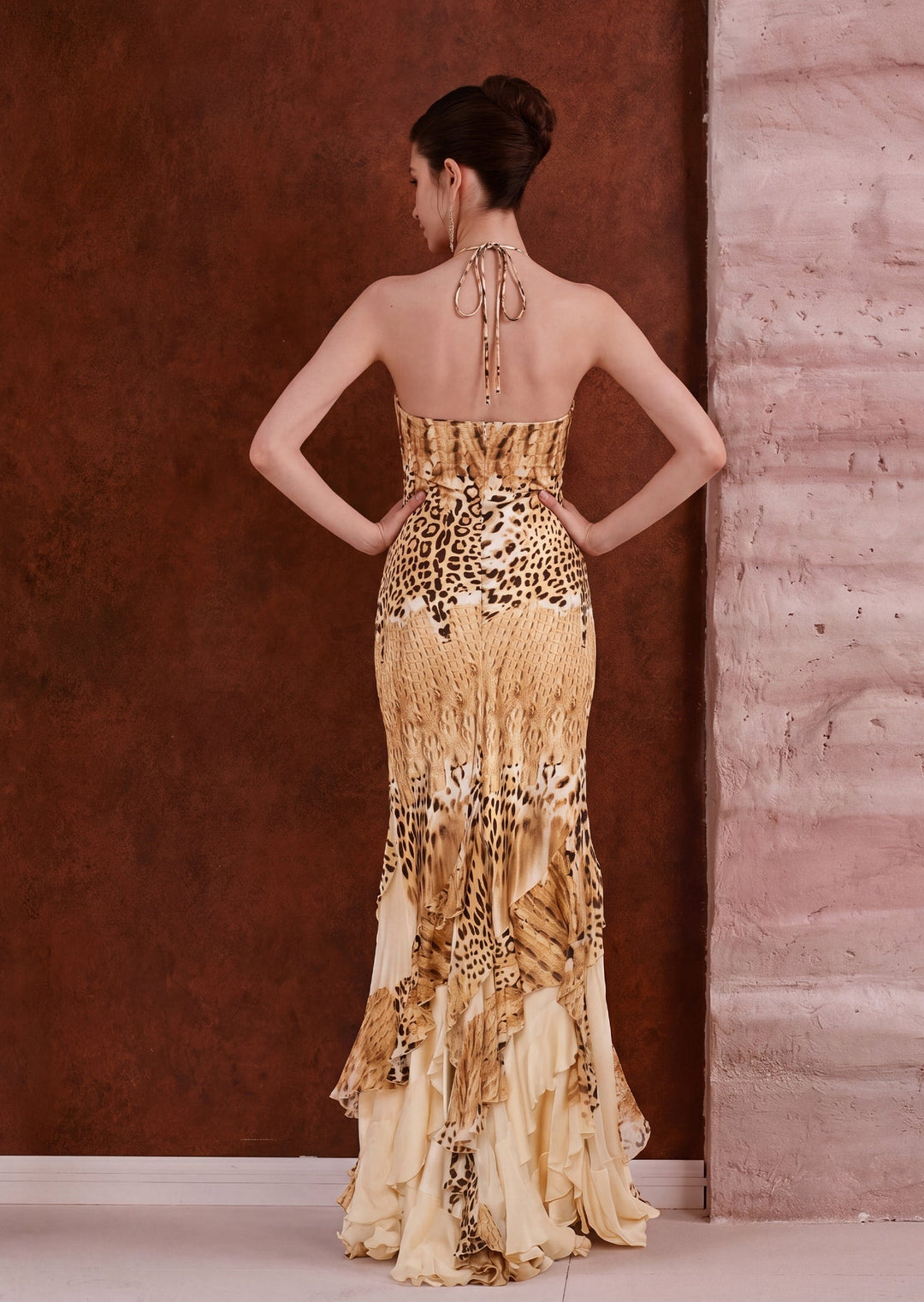 Elegant women's cheetah print maxi dress, a stunning occasion dress for evening wear & holiday parties.