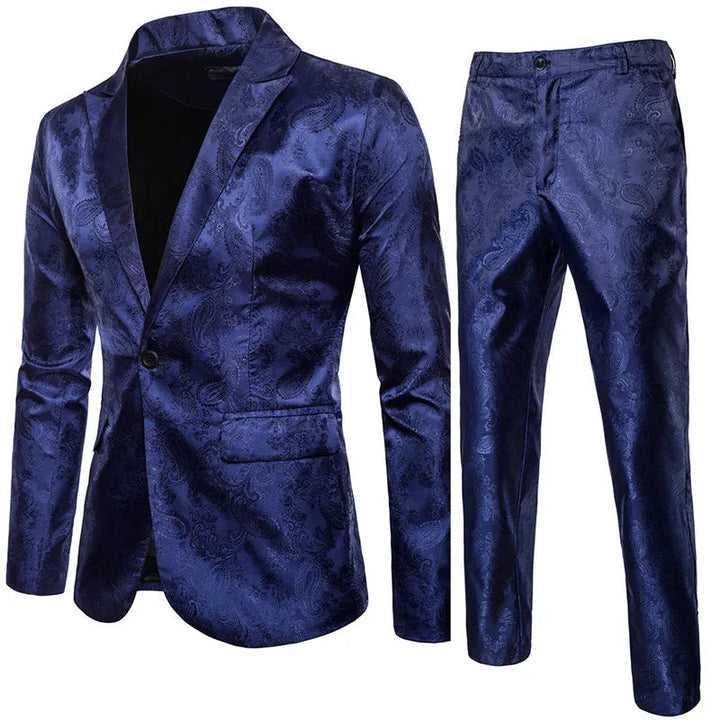 Stylish men's slim fit jacquard formal suit set; blazer & trousers ideal for prom, wedding guest, or business.