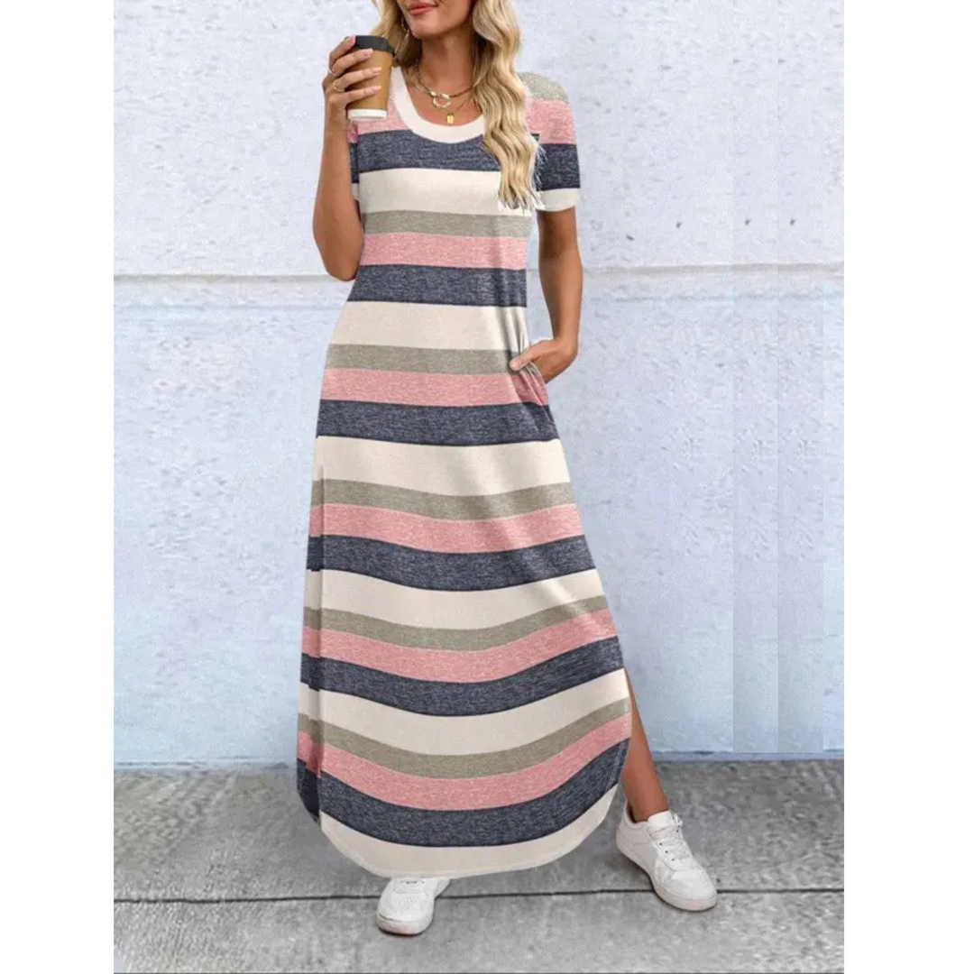Women's short sleeve summer maxi dress. Comfortable, flowy, and features a flattering round neck.