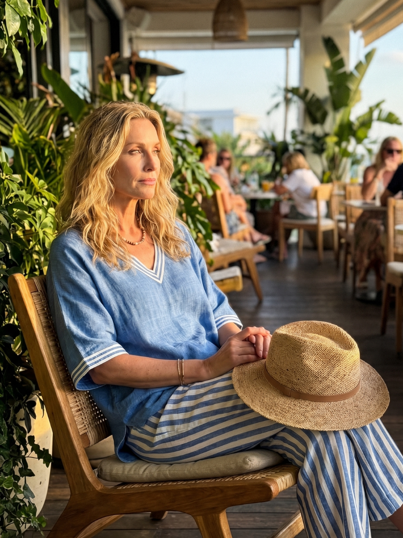 Women's relaxed fit V-neck tunic & striped wide-leg trousers, a chic two-piece outfit.