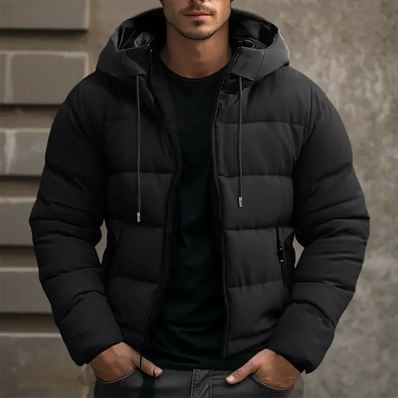 Men's warm hooded puffer jacket, great for casual winter outdoor activities.