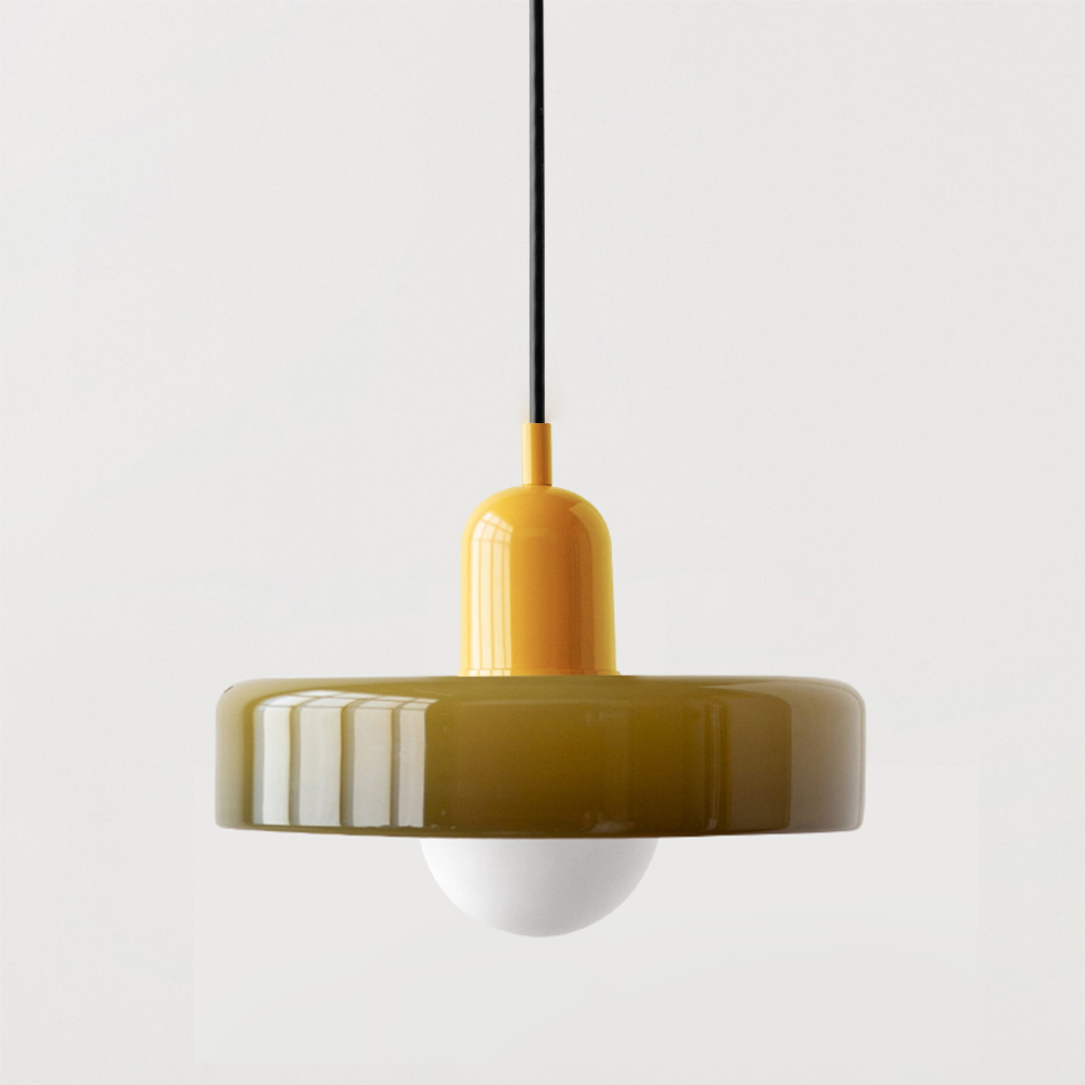 Warm light Bauhaus pendant, colored glass detail for modern home decor.
