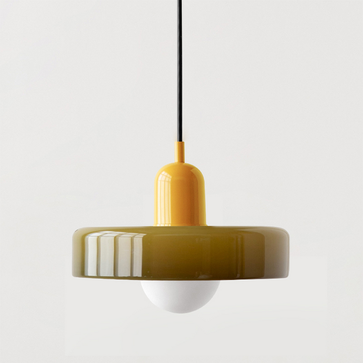 Warm light Bauhaus pendant, colored glass detail for modern home decor.