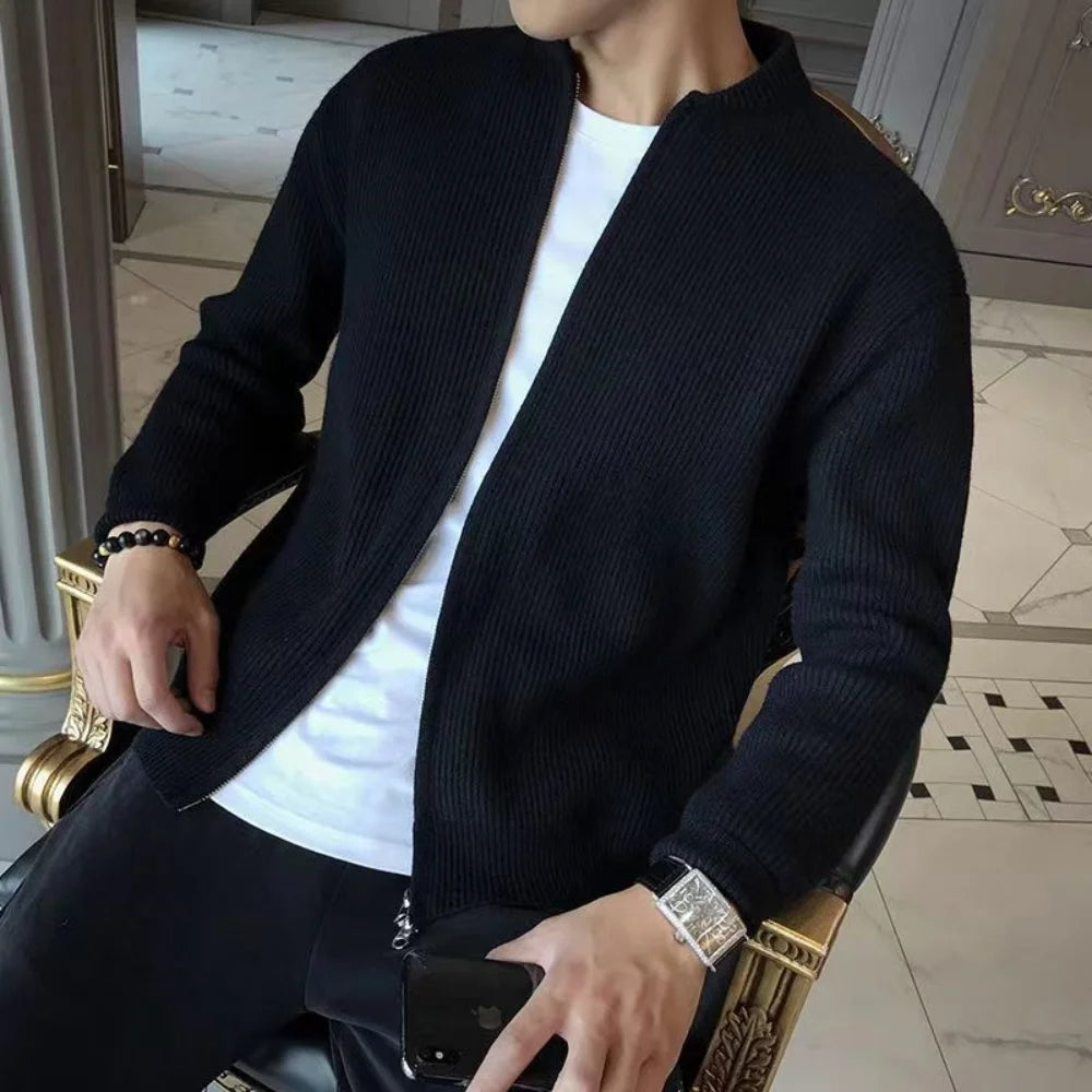 Stylish men's warm knit zipper cardigan. Perfect casual outerwear, modern loose fit for all-season comfort.