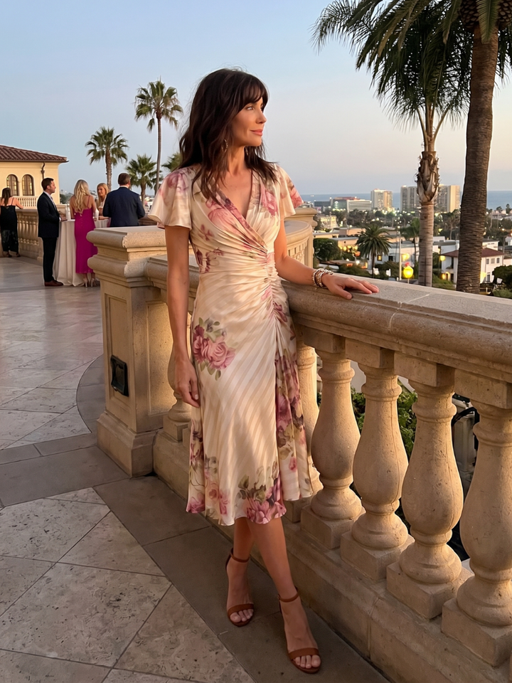 Beautiful women's floral wrap ruched midi dress, perfect for spring, summer, parties, or casual elegance.