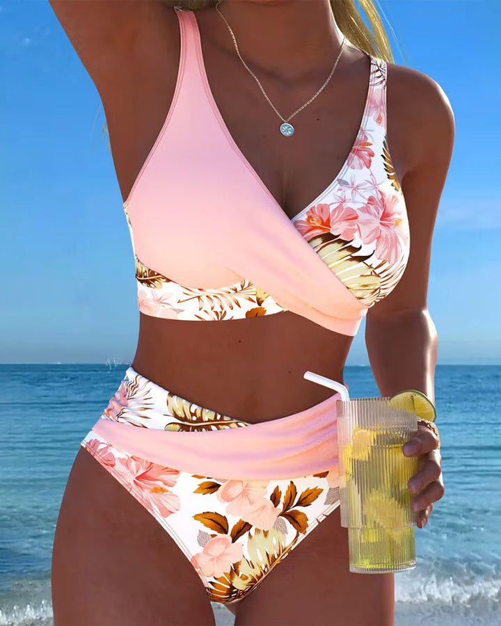 Women's stylish floral cut-out high-waisted bikini, perfect summer beachwear and swimwear.