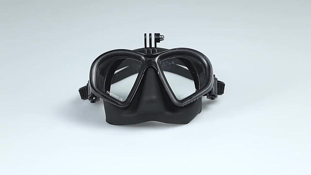 Complete diving package: Anti-fog tempered dive mask, camera mount, & protective storage case included.