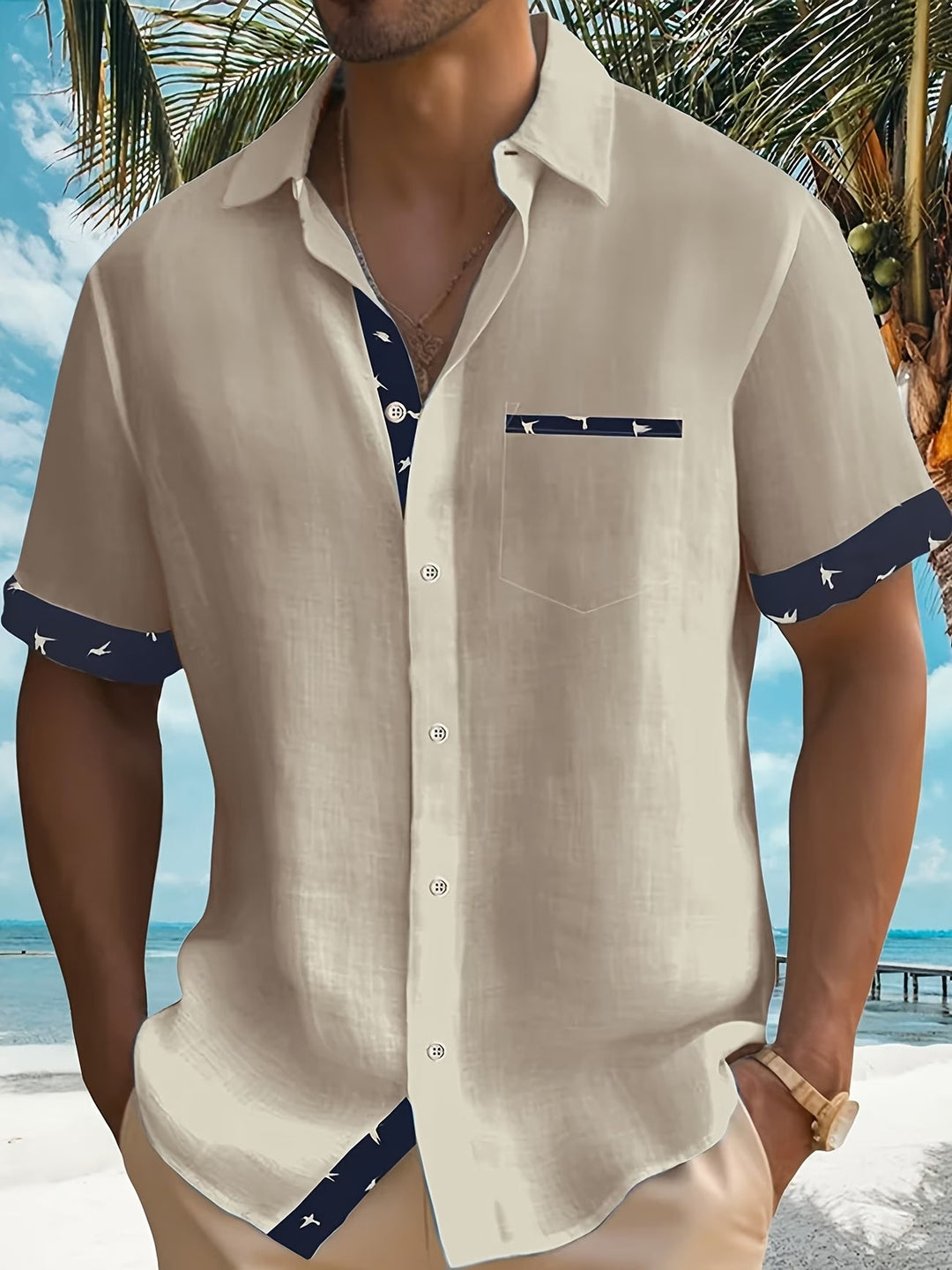 Classic men's short-sleeve summer shirt with buttons, designed for comfortable, stylish warm-weather and casual wear.