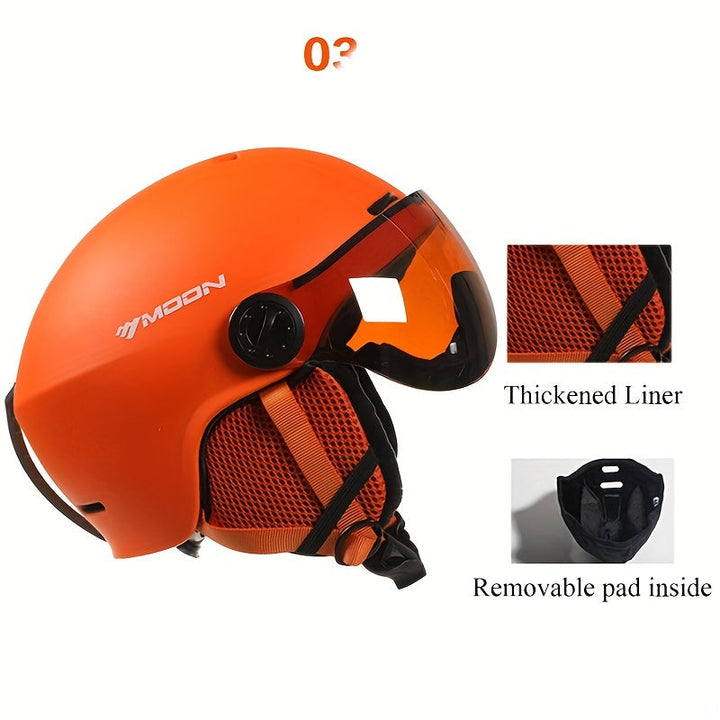 Ski helmet ready for outdoor activities in a snowy landscape. Essential winter gear for head protection.