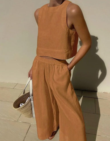 Chic women's loungewear two-piece set, a comfortable and relaxed fit polyester outfit for summer casuals.