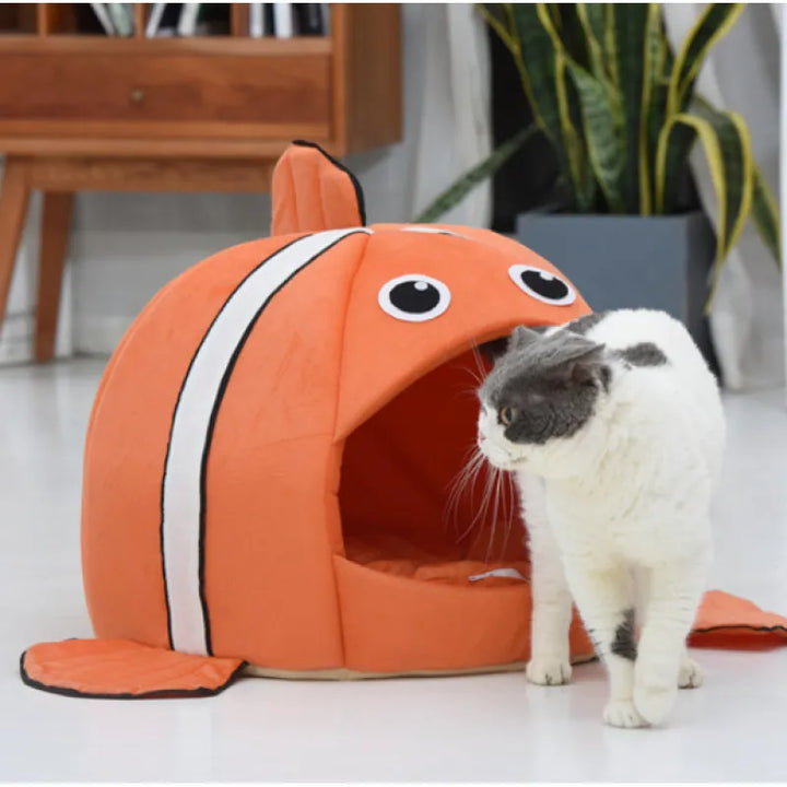 Cozy fish design cat cave bed for ultimate feline comfort. Soft, washable pet bed house for small cats.