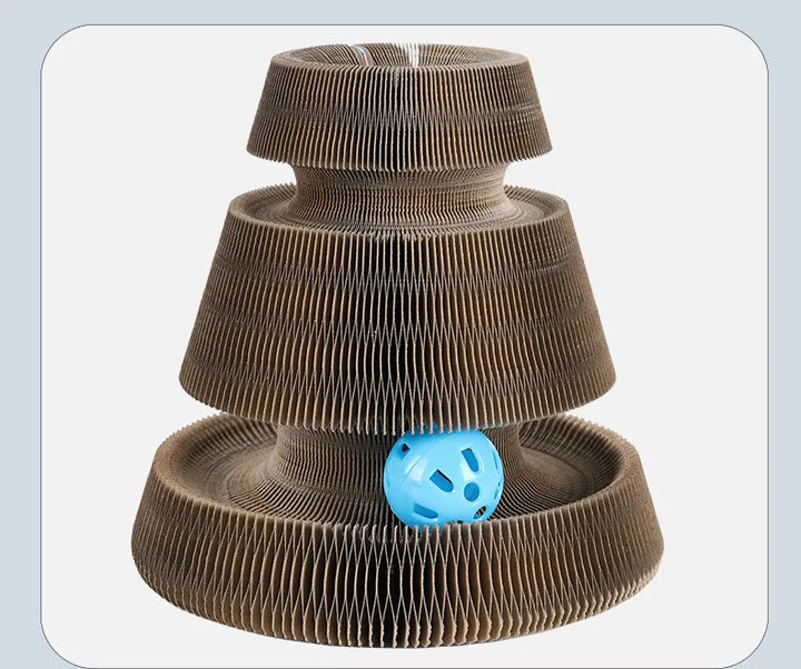 Happy cat playing with an interactive scratcher tower, featuring a stimulating rolling ball and durable cardboard.