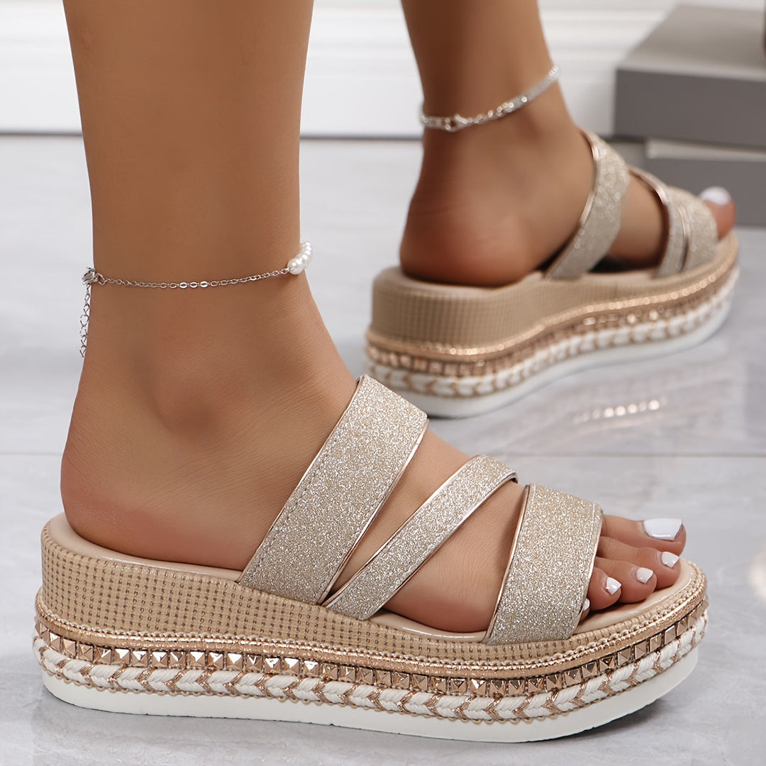 Rose gold multi-strap platform sandals for women, featuring a supportive design for fashionable party wear.