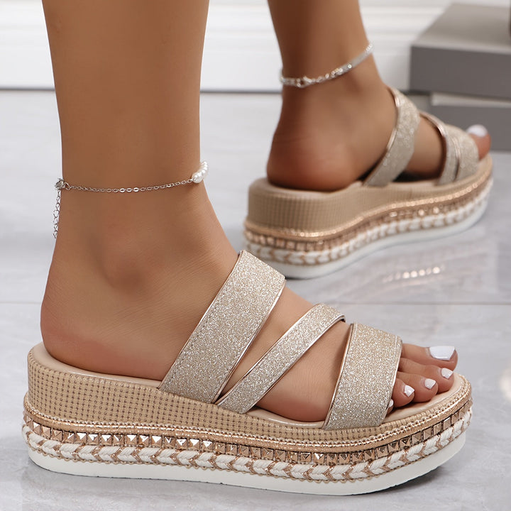 Rose gold multi-strap platform sandals for women, featuring a supportive design for fashionable party wear.