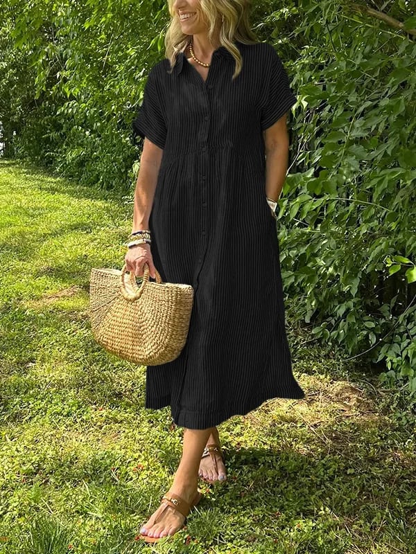 Stylish women's striped button-down maxi shirt dress; elegant long dress for versatile casual or office wear.