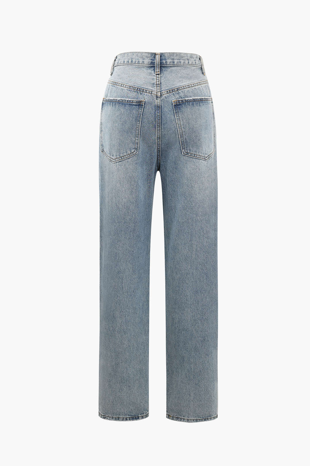 Stylish women's high-waisted straight-leg jeans with an asymmetric design. Modern, versatile light wash.