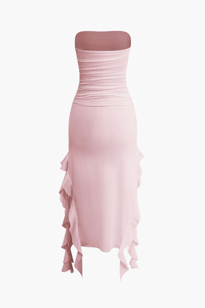 Elegant strapless bodycon midi dress, fringe detailing adds movement to this party outfit.