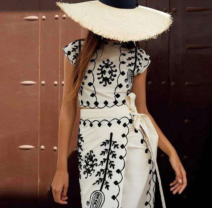 Embroidered Crop Top & Wrap Midi Skirt Set