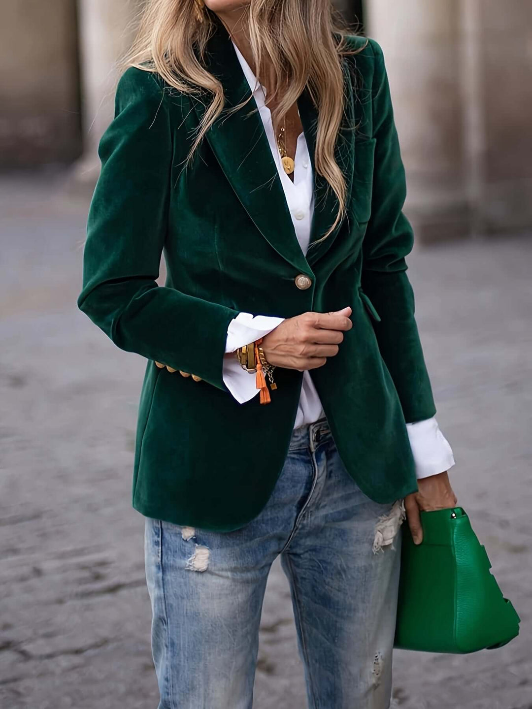 Women's Green Blazer with Golden Buttons