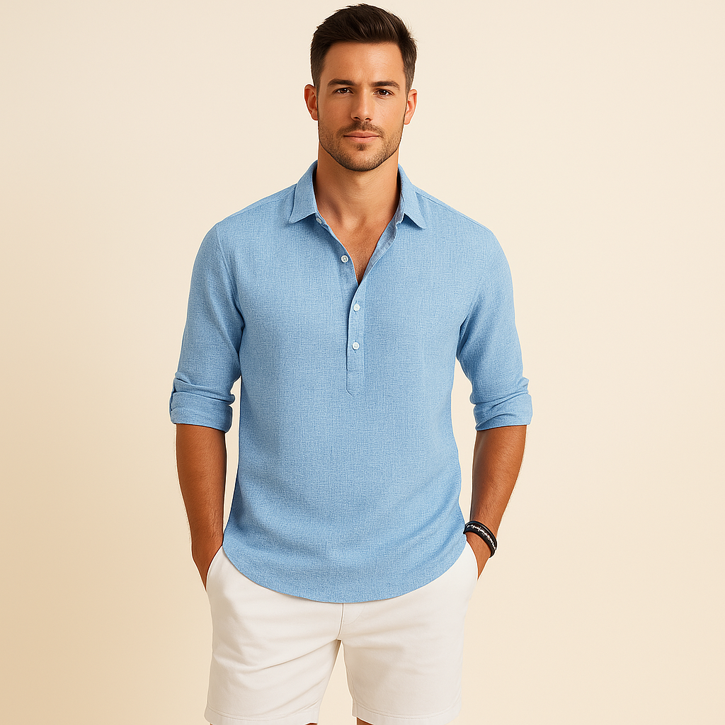 Men's relaxed fit long sleeve polo shirt with button neck. Casual & stylish everyday wear for men.