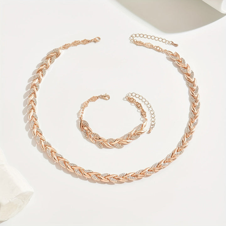Model showcasing the elegant women's rose gold rhinestone fish tail necklace & bracelet, perfect fashion accessory.