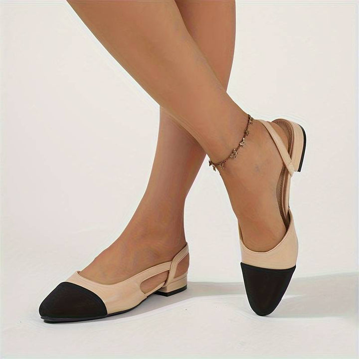 Elegant beige & black classic style ballerinas, women's flat shoes with slingback detail.