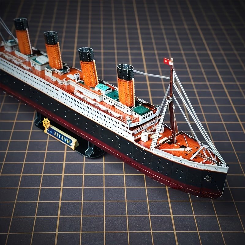 Crafter's hands building an intricate Titanic 3D metal model kit, highlighting the engaging DIY adult hobby project.