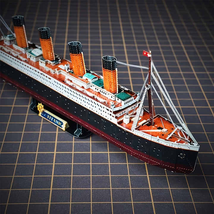 Crafter's hands building an intricate Titanic 3D metal model kit, highlighting the engaging DIY adult hobby project.