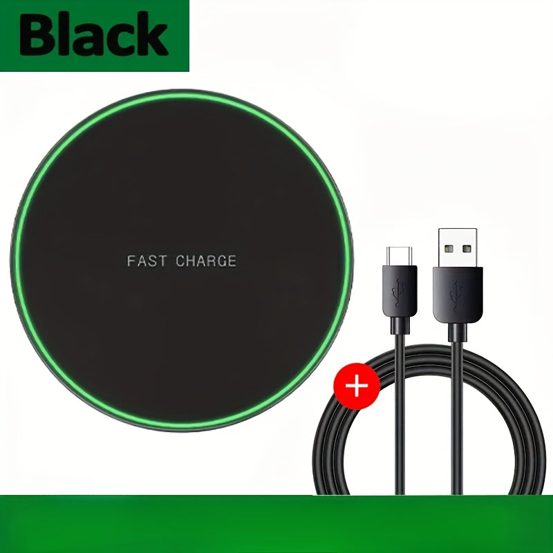 iPhone charging on a black Fast Wireless Charger pad. Get quick, cable-free power for your Apple device.